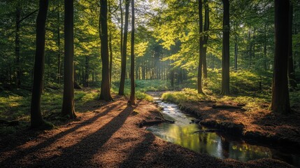 Obraz premium Sunlight filters through a lush forest canopy onto a serene stream below.