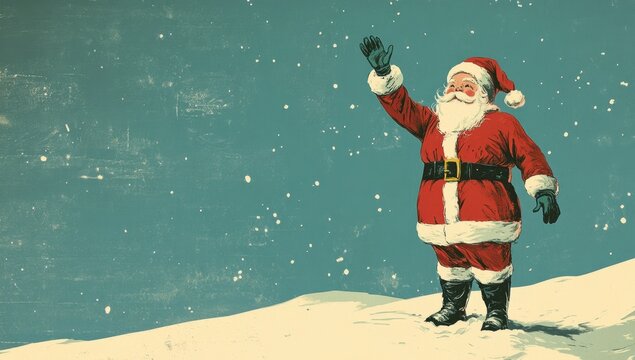 vintage illustration of santa claus standing on the snow, waving his hand , retro colors, cute and dreamy, blue background Generative AI