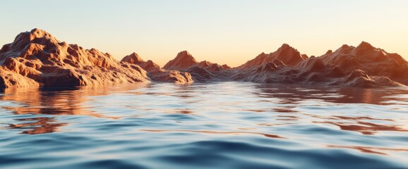 The calm water mirrors the soft golden hues of sunrise, casting a tranquil glow over distant mountains