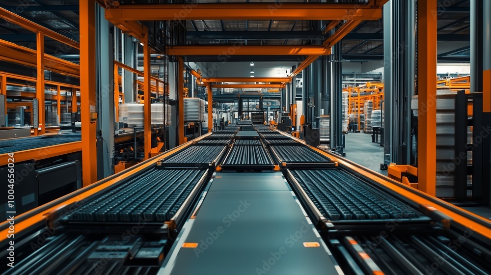 Poster automated conveyor system operating in a modern warehouse during night hours with vibrant lighting a