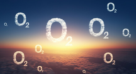 Clouds with O2 Letters in Sky Above Sunrise Ocean Horizon Displaying Oxygen Concept