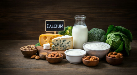 Dairy products showcasing calcium foods including cheese milk yogurt and almonds arranged on wooden...