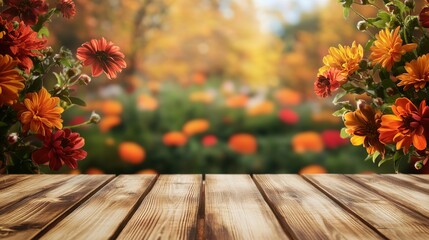 Fototapeta premium Autumn flowers Empty wooden table against blurred background , front view, mockup