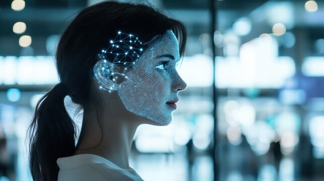 Woman at airport uses future facial recognition technology, depicted by digital face map overlay, symbolizing futuristic travel security