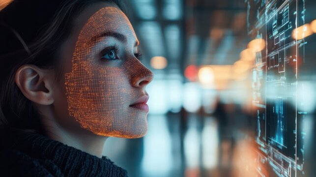Woman at airport uses future facial recognition technology, depicted by digital face map overlay, symbolizing futuristic travel security