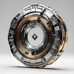 Futuristic Cryptocurrency Logo with Blockchain Element in Metallic Silver and Gold