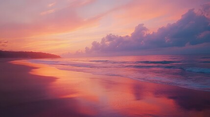 Stunning sunrise over a tranquil beach with vibrant hues of pink and orange reflecting on the water.