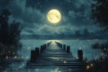 Obraz premium abandoned pier illuminated by moonlight surrounded by flickering fireflies serene waves lapping against the posts beneath a sky filled with stars creating a melancholic yet beautiful scene