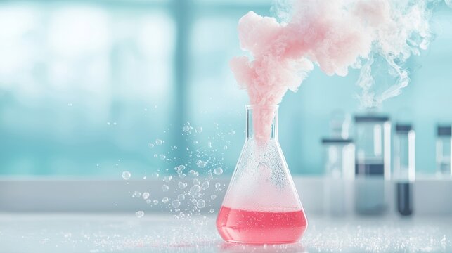 A laboratory flask filled with a bubbling pink concoction, steam rising and forming whimsical shapes against a backdrop of laboratory equipment.