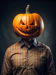 A person wearing a carved pumpkin as a head while standing in a dimly lit space with a dark background near Halloween. Generative AI