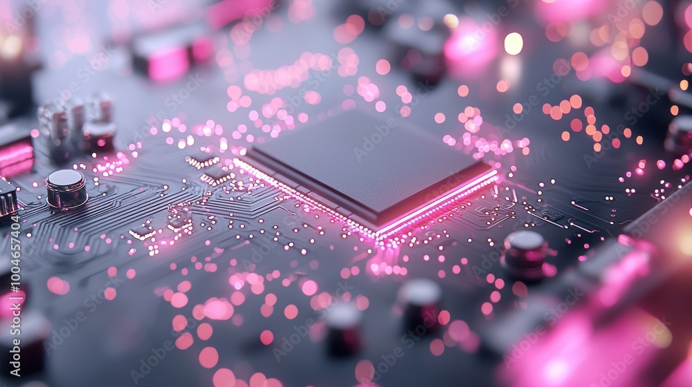 Poster a close up of a circuit board, its intricate pathways illuminated in pink, representing the complex 