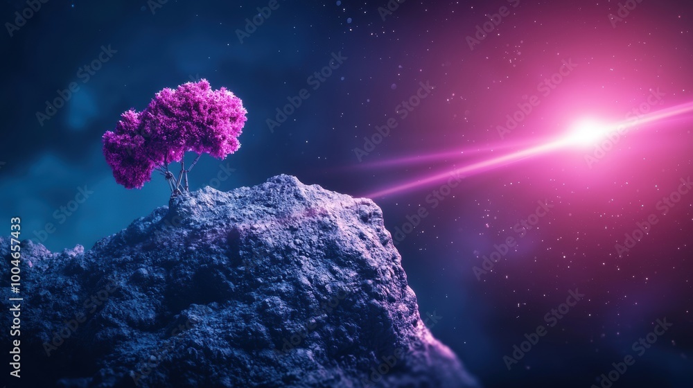 Poster a robotic arm extending from a space probe, collecting samples from a pink hued asteroid, expanding 