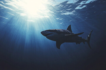 Obraz premium a lone shark swims underwater with rays of sunlight breaking through the surface illuminating the deep blue ocean 