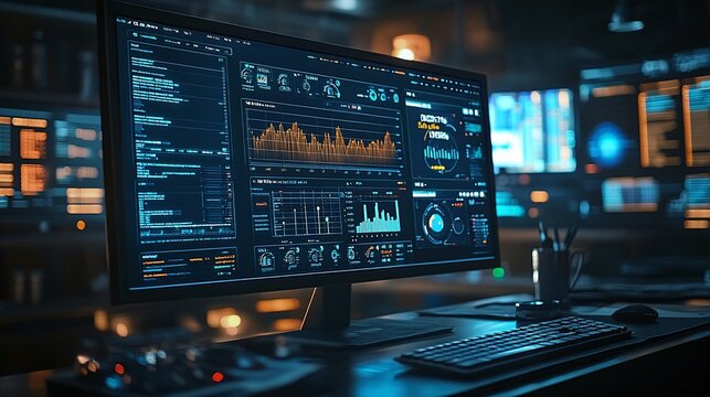 abstract network monitoring dashboard on a computer monitor showcasing real-time data analytics, graphs, and system health indicators, highlighting efficiency and performance management