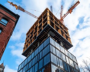 High-rise hotel under construction next to historic landmarks, blending old and new, hotel under construction, architectural contrast