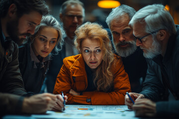 A diverse group of businesspeople gathered around an office floor, brainstorming ideas on paper and digital devices in the style of documentary photography.