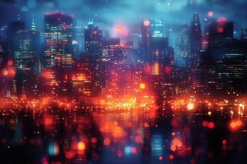 Fototapeta premium abstract bokeh lights forming a vibrant pattern over a blurred cityscape encapsulating the energy of urban life with glowing reflections suggesting a bustling financial district at night