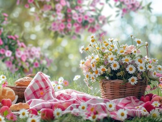 A cozy picnic setup with a wicker basket, daisy flowers, fresh fruits, and pastries on a checkered cloth in a blooming garden.