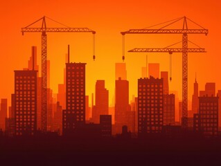 Nighttime hotel construction site illuminated by floodlights, silhouetted cranes, hotel under construction, urban skyline