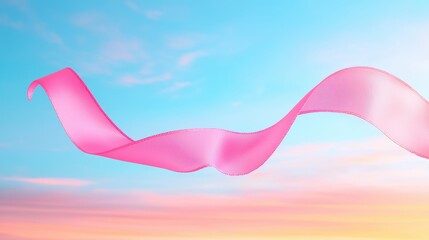 A pink ribbon gently flowing in a gentle breeze, against a backdrop of a serene, pastel colored sky, evoking a sense of tranquility and grace.