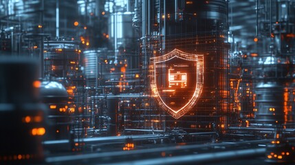industrial facility featuring a digital shield, highlighting the importance of infrastructure protection and cyber defense strategies to combat threats and ensure system security