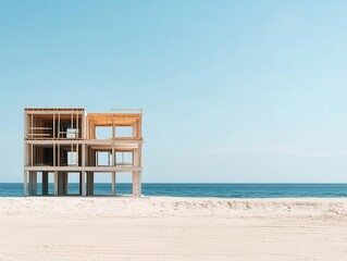 Fototapeta premium Seaside hotel under construction with private docks, boats in background, hotel under construction, maritime luxury