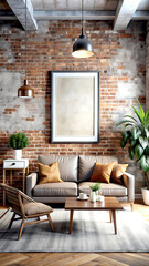 Living room interior in loft, industrial style, 3d render, white Mock up frame