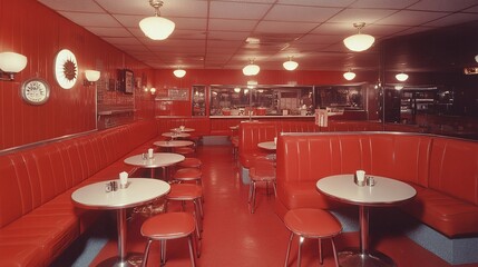 nostalgic 50s american diner with retro red booths, round tables, and classic interior decor, offering a vintage atmosphere that embodies the golden era of cafe culture