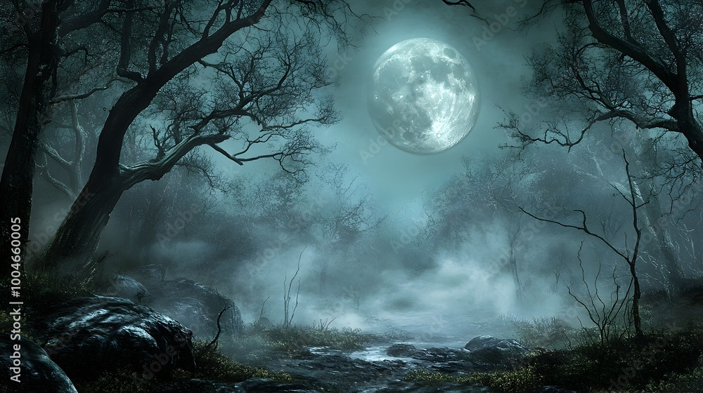 Poster haunting full moon casts an ominous glow over a spooky forest with bare and gnarled trees casting dr