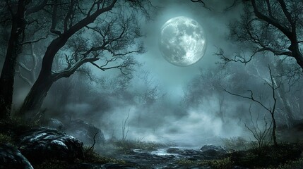Fototapeta premium Haunting full moon casts an ominous glow over a spooky forest with bare and gnarled trees casting dramatic shadows fog drifting through the dark and foreboding atmosphere