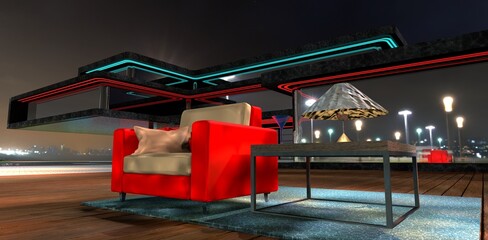 A red armchair with a cushion on a carpet. A table lamp on the table. A magnificent nighttime atmosphere in the courtyard of a private house. 3d rendering.