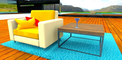 Beige chair on a rug, a table with a martini glass, wooden deck in the courtyard of a private house. 3D rendering.