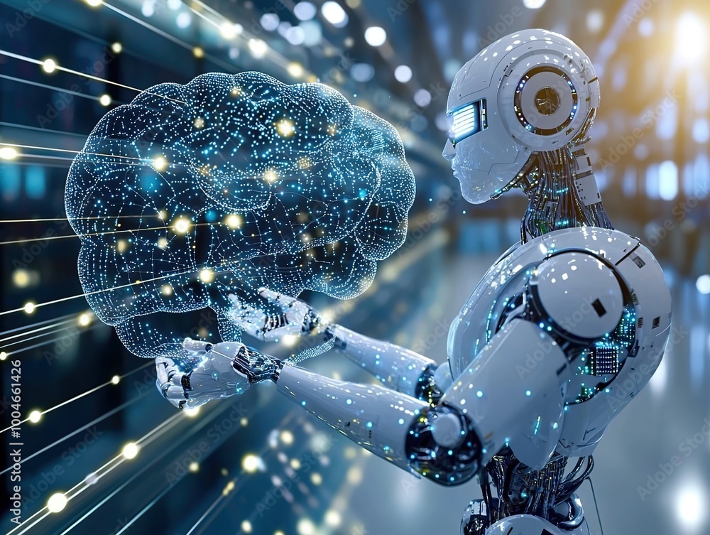 Poster futuristic robot holding a digital brain, representing artificial intelligence and technological adv