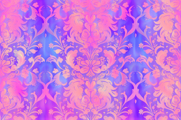 A vibrant and intricate floral pattern featuring shades of pink and purple. The design includes swirling motifs and elegant flourishes, creating a luxurious and artistic appearance.