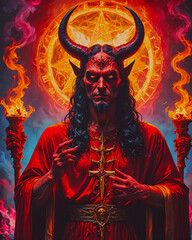 Portrait of a demon with horns and a sword in his hands.