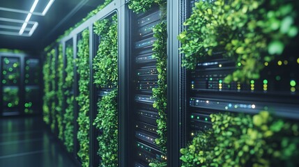 eco-friendly data center with integrated greenery and sustainable servers, demonstrating energy-efficient IT systems and renewable resources for a more environmentally responsible future