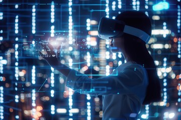 A person engages with immersive virtual reality technology in a futuristic setting
