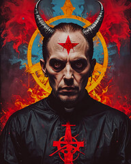 Portrait of a scary devil with horns on a dark background. Halloween.