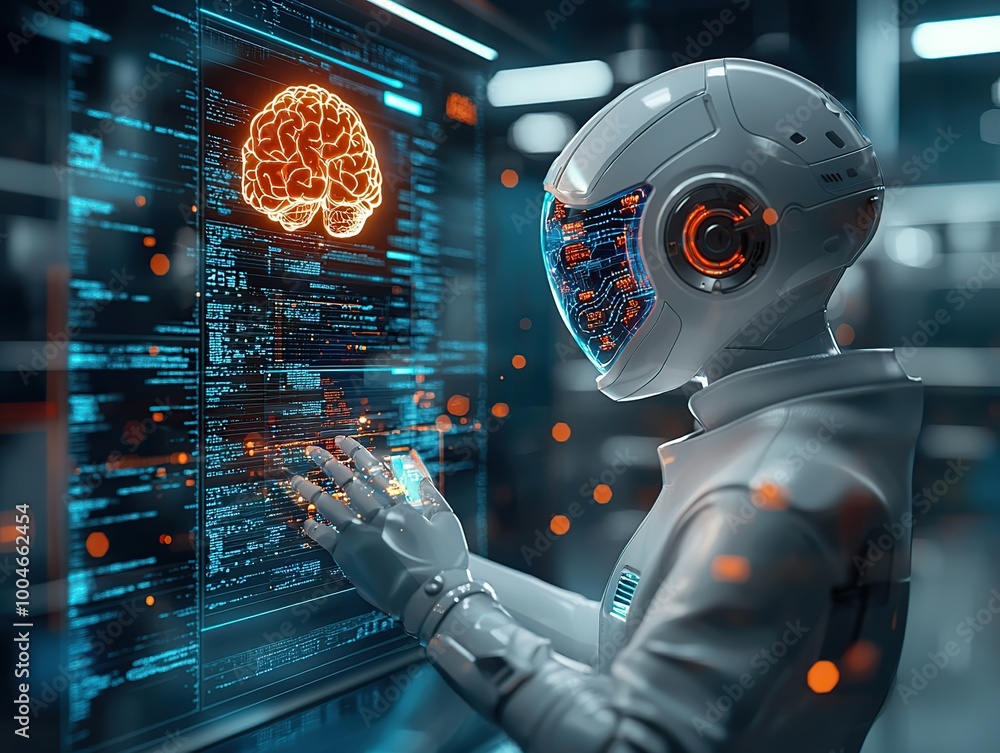 Poster futuristic robot wearing helmet, interacting with digital interface showing a brain.