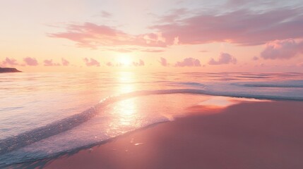 Fototapeta premium Serene sunset over calm ocean waves with soft pink and orange hues in the sky.