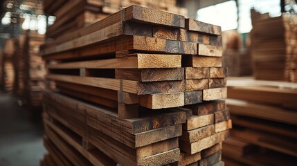 pine wood planks neatly stacked in a factory setting emphasizing organized lumber ready for processing and the role of timber in construction projects