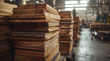 pine wood planks neatly stacked in a factory setting emphasizing organized lumber ready for processing and the role of timber in construction projects