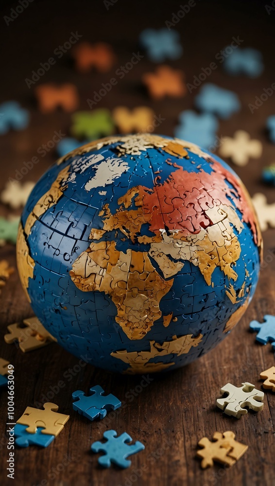 Poster globe as puzzle pieces with some missing, symbolizing disintegrating trade.