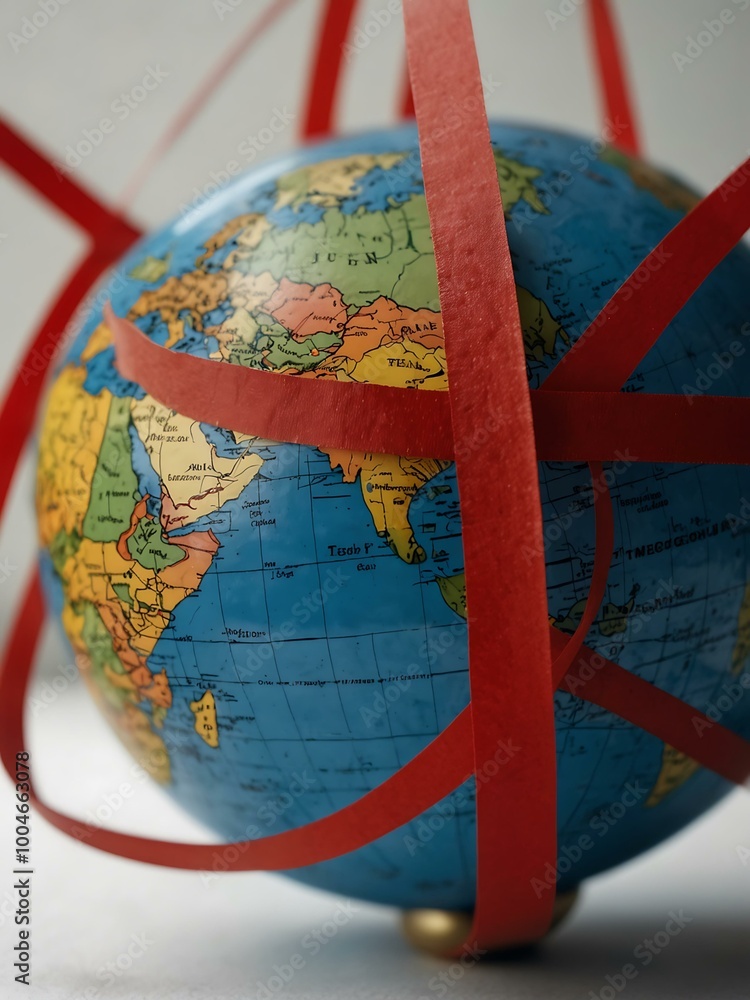 Poster globe entangled in red tape, symbolizing trade complexity.