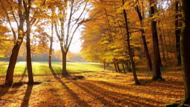 A peaceful vertical video capturing the serene beauty of an autumn forest bathed in warm, golden sunlight. Sunbeams filter through the canopy of vibrant, golden-hued leaves, casting soft light and lon