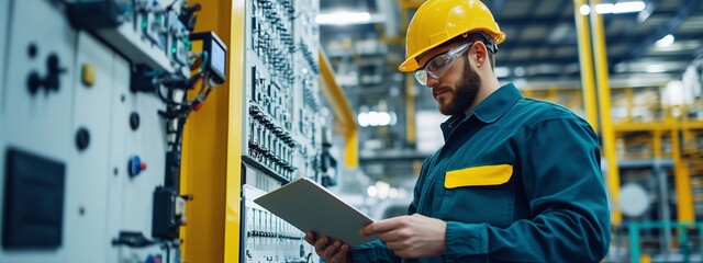 A technician inspects electrical control panels in a modern industrial facility during daylight hours