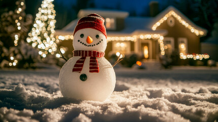 Obraz premium snowman standing in the backyard of a house decorated for Christmas