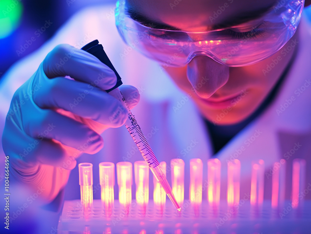Poster a scientist carefully uses pipette to conduct precise test in laboratory filled with colorful lighti
