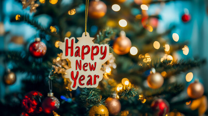 A toy with the words "Happy New Year" hanging on a Christmas tree