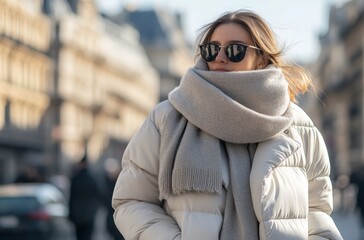 Obraz premium A woman dressed warmly in a puffy coat and large scarf enjoys a bright day while walking through an urban environment